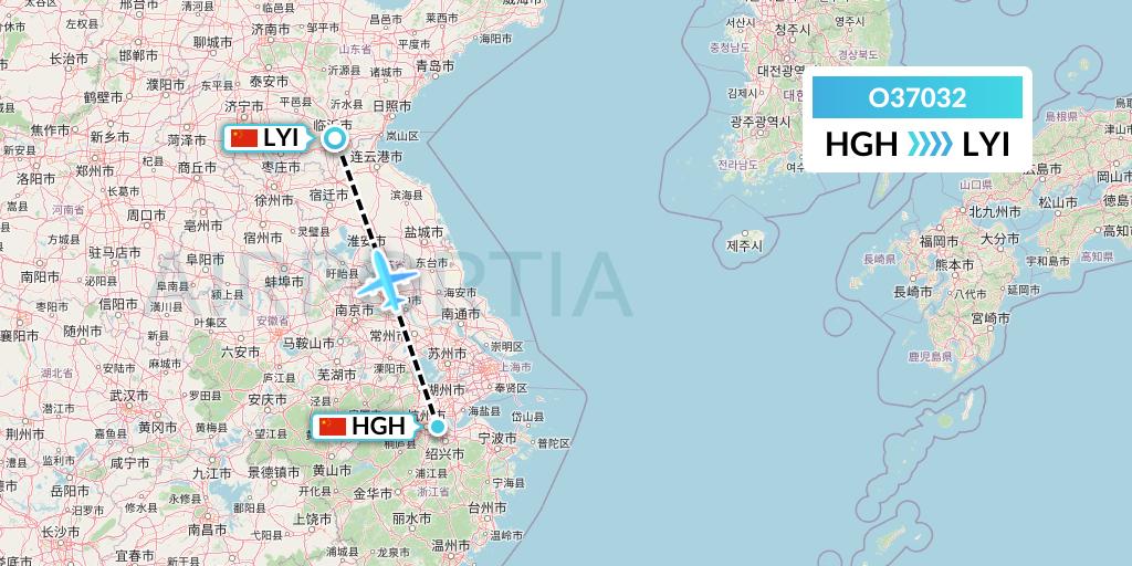 O37032 SF Airlines Flight Map: Hangzhou to Linyi