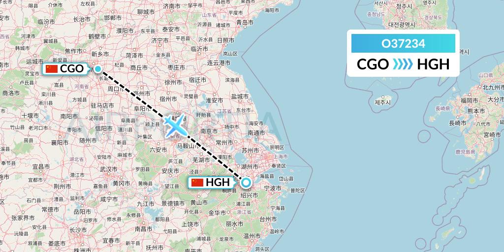 O37234 SF Airlines Flight Map: Zhengzhou to Hangzhou