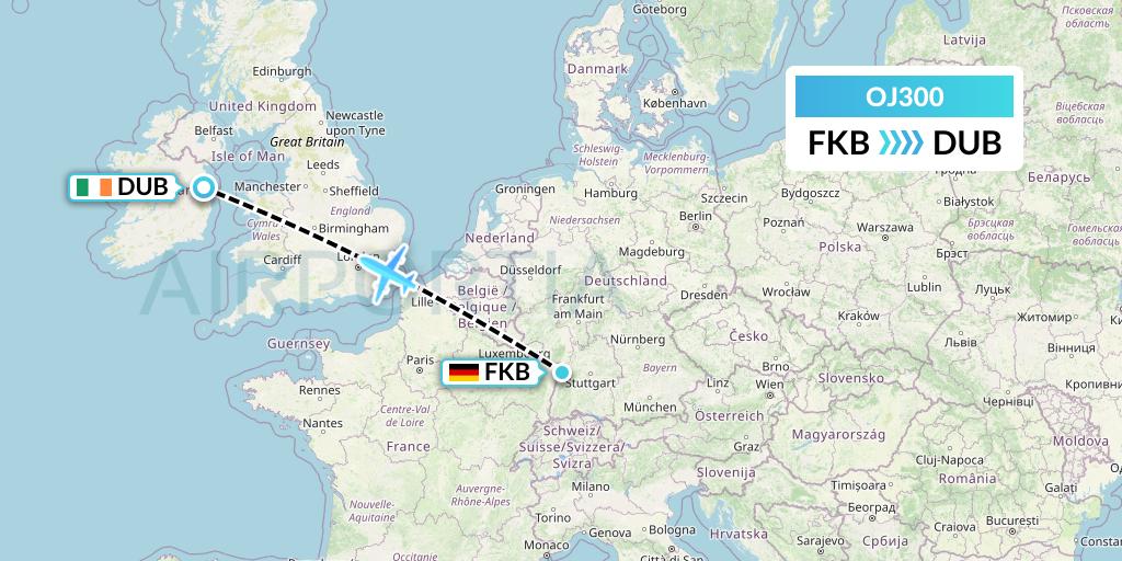 OJ300 NyxAir Flight Map: Karlsruhe/Baden-Baden to Dublin