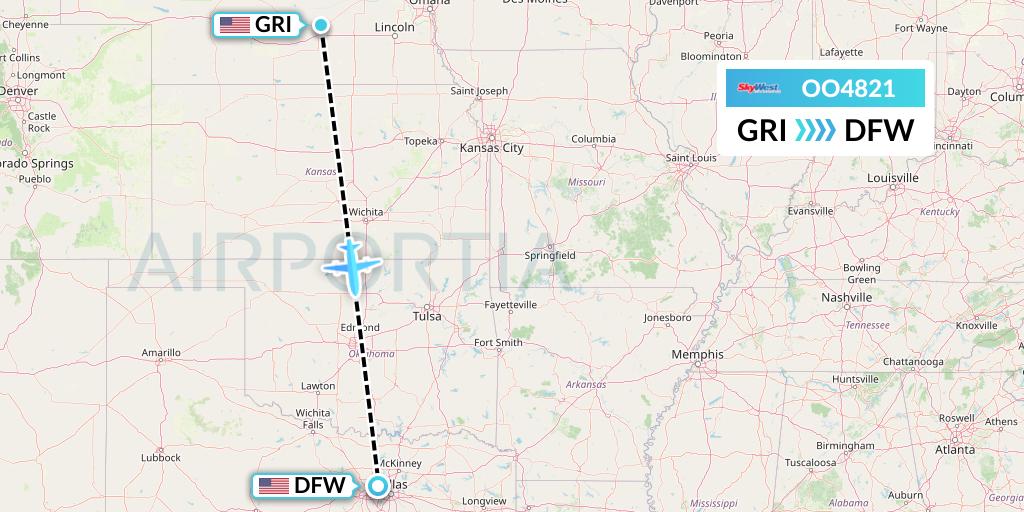 OO4821 SkyWest Airlines Flight Map: Grand Island to Dallas
