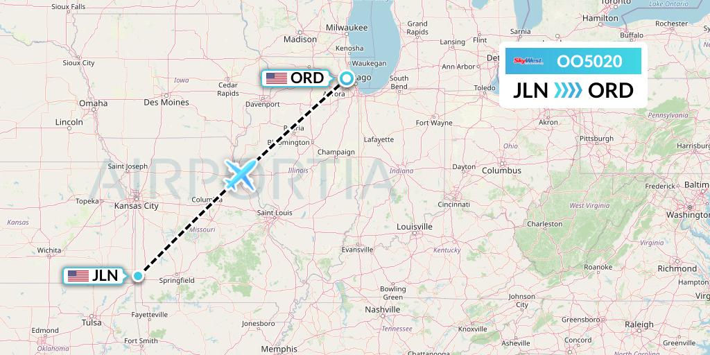 OO5020 SkyWest Airlines Flight Map: Joplin to Chicago