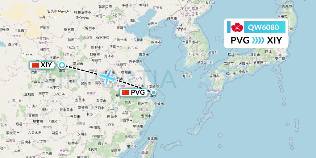 QW6080 Qingdao Airlines Flight Map: Shanghai to Xi'an