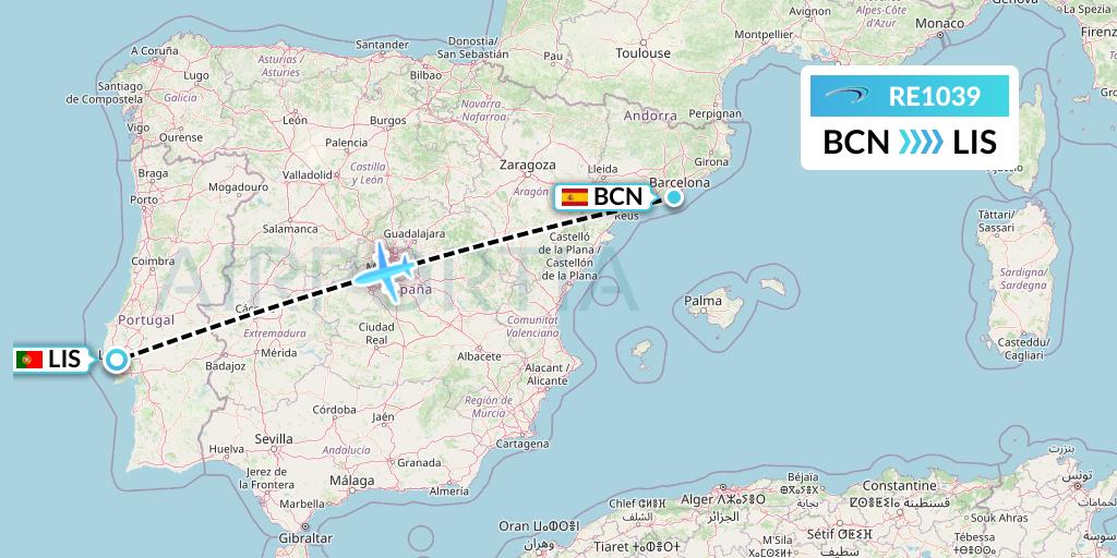 RE1039 Aer Lingus Regional Flight Map: Barcelona to Lisbon