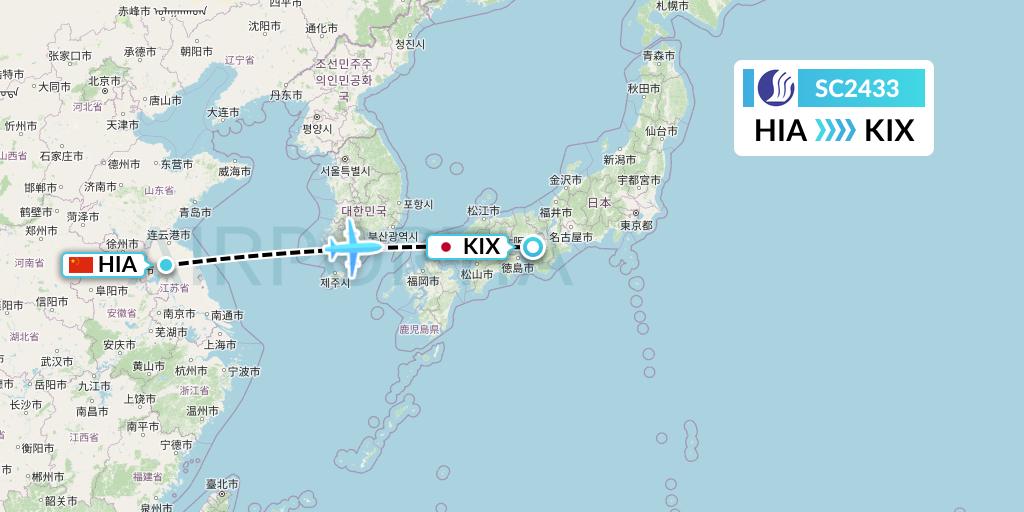 SC2433 Shandong Airlines Flight Map: Huai'an to Osaka