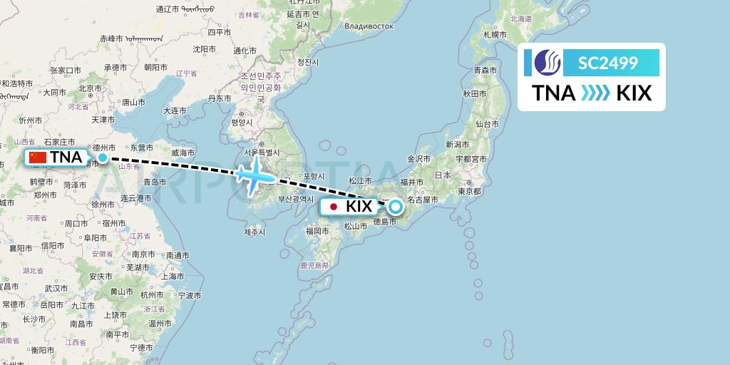 SC2499 Shandong Airlines Flight Map: Jinan to Osaka