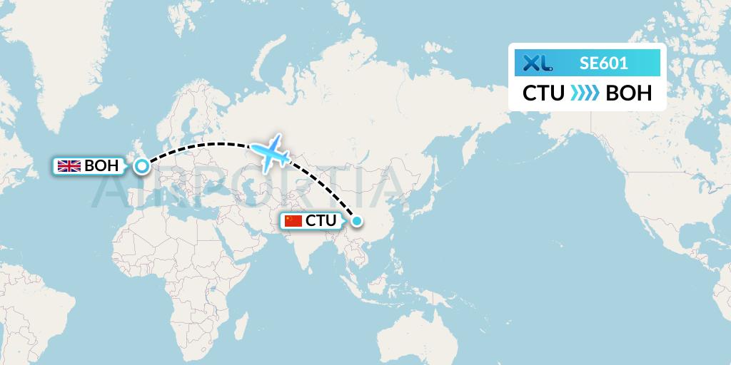 SE601 XL Airways France Flight Map: Chengdu to Bournemouth