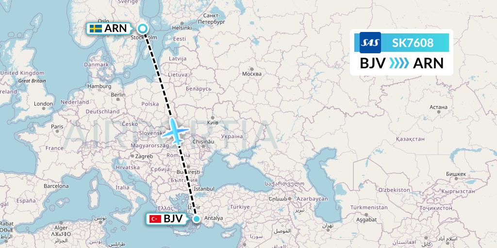 SK7608 SAS Flight Map: Bodrum to Stockholm