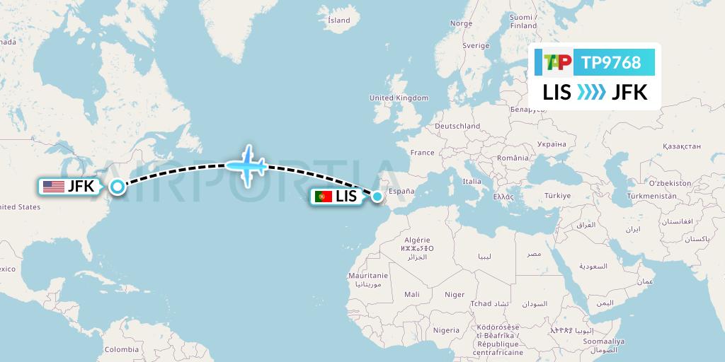 TP9768 TAP Portugal Flight Map: Lisbon to New York