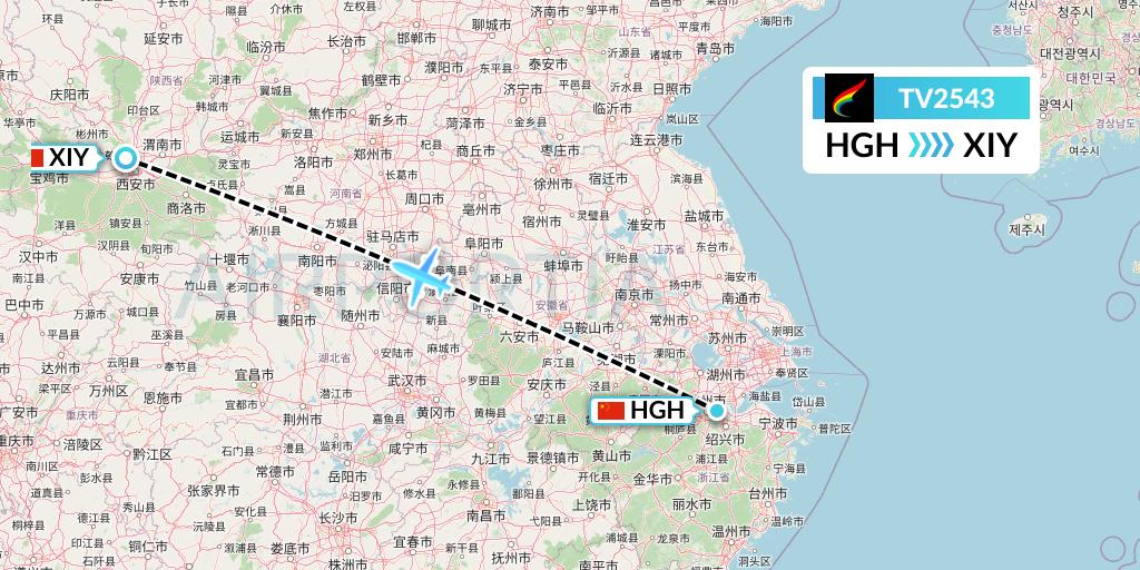 TV2543 Tibet Airlines Flight Map: Hangzhou to Xi'an