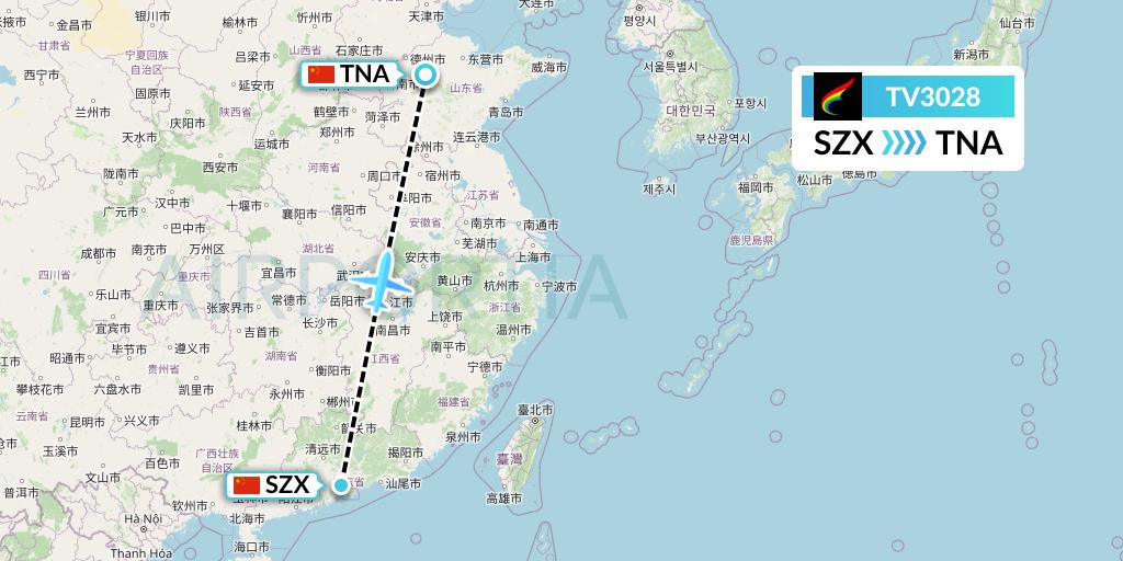 TV3028 Tibet Airlines Flight Map: Shenzhen to Jinan