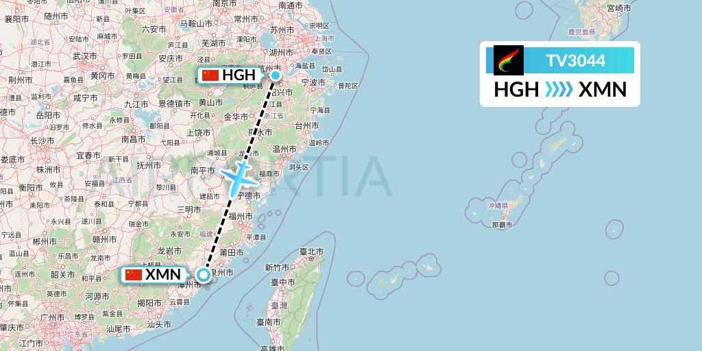 TV3044 Tibet Airlines Flight Map: Hangzhou to Xiamen