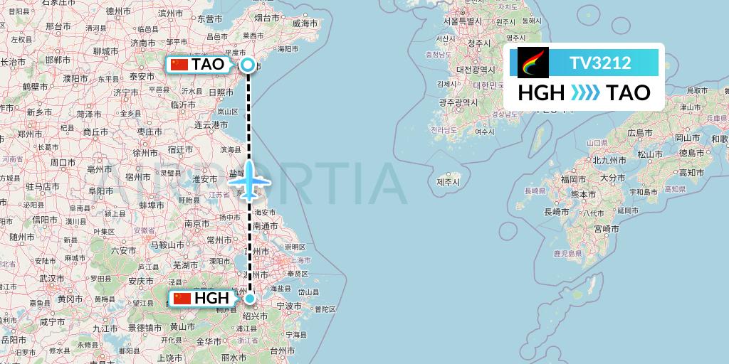 TV3212 Tibet Airlines Flight Map: Hangzhou to Qingdao