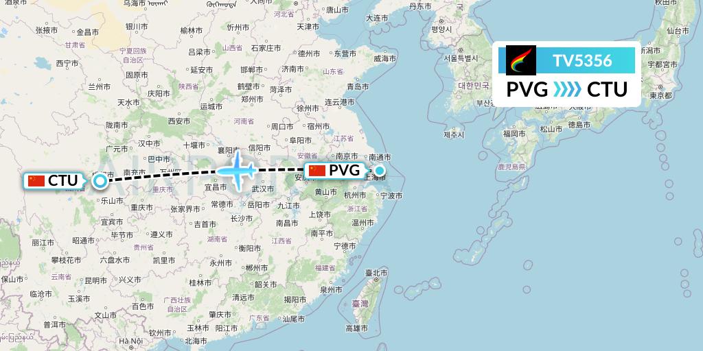 TV5356 Tibet Airlines Flight Map: Shanghai to Chengdu