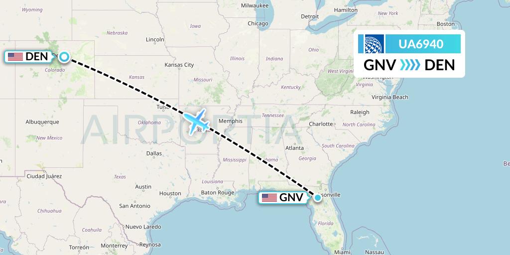 UA6940 United Airlines Flight Map: Gainesville to Denver
