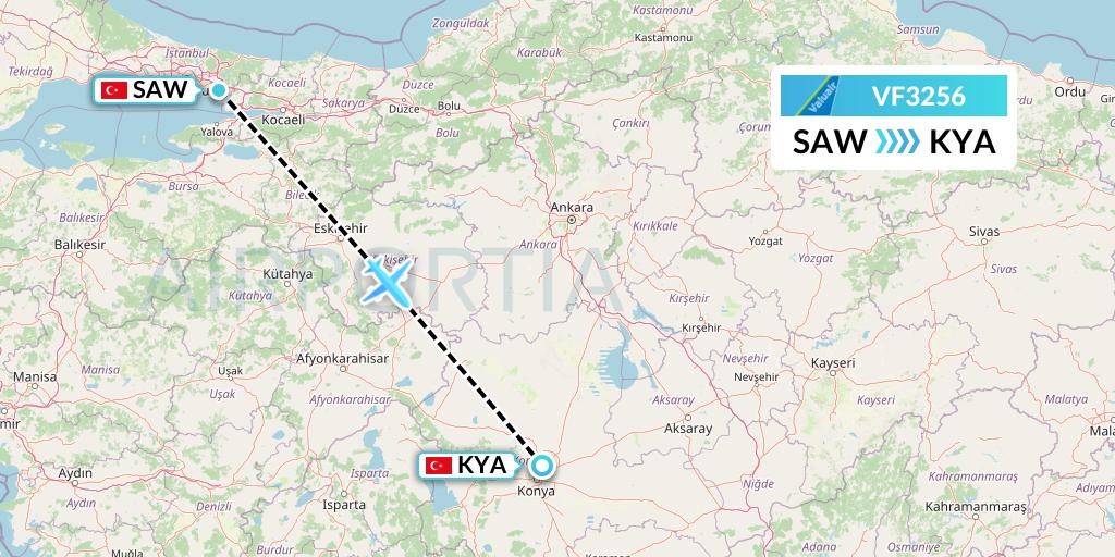 VF3256 ValuAir Flight Map: Istanbul to Konya
