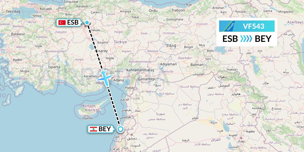 VF543 ValuAir Flight Map: Ankara to Beirut