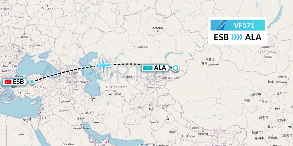 VF571 ValuAir Flight Map: Ankara to Almaty