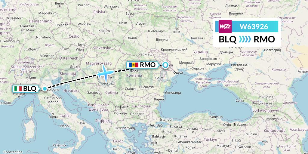 W63926 Wizz Air Flight Map: Bologna to Chisinau