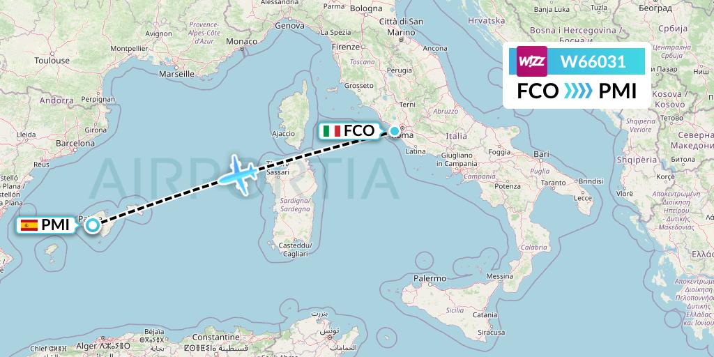W66031 Wizz Air Flight Map: Rome to Palma de Mallorca