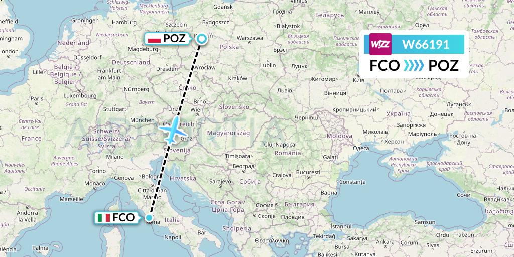 W66191 Wizz Air Flight Map: Rome to Poznan