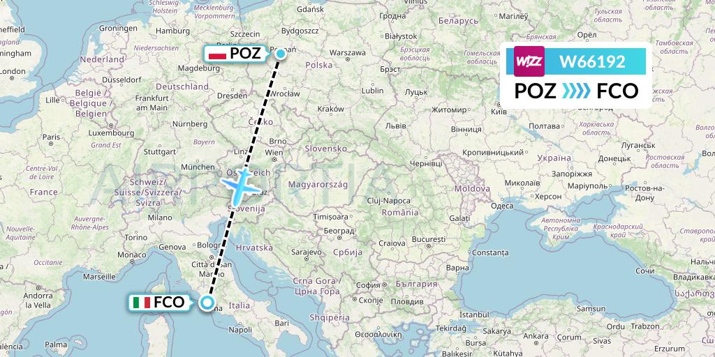 W66192 Wizz Air Flight Map: Poznan to Rome
