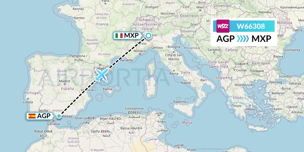 W66308 Wizz Air Flight Map: Malaga to Milan
