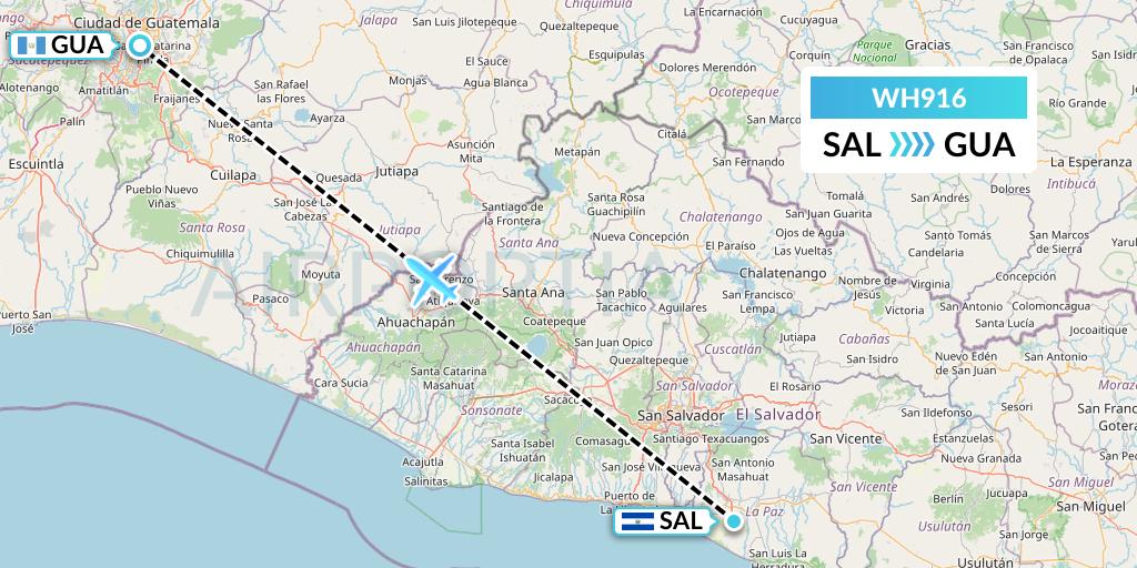 WH916 West African Airlines Flight Map: San Salvador to Guatemala City