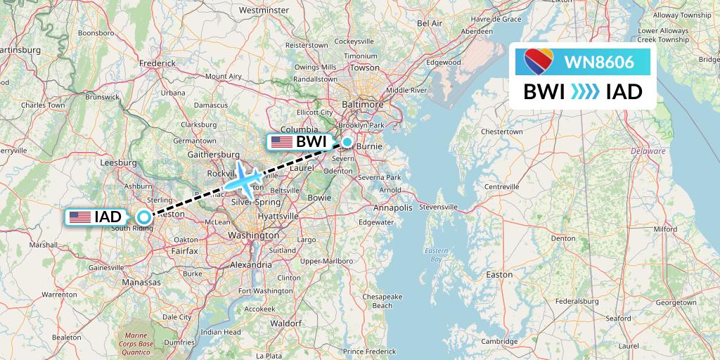 WN8606 Southwest Airlines Flight Map: Baltimore to Washington