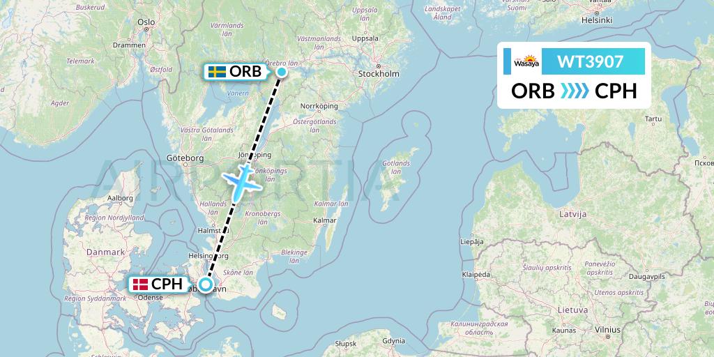 WT3907 Swiftair Flight Map: Orebro to Copenhagen