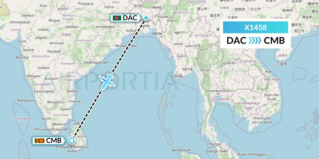 X1458 Nik Airways Flight Map: Dhaka to Colombo