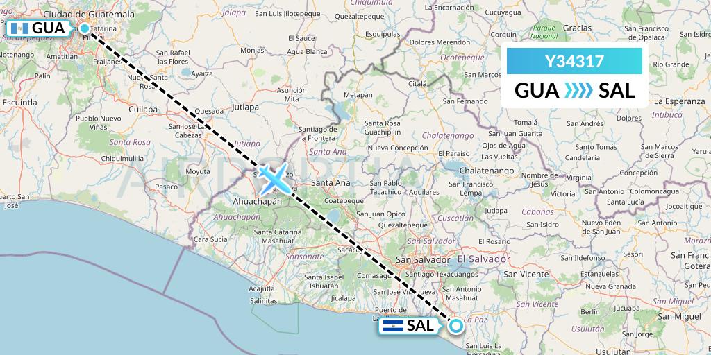 Y34317 Gryphon Airlines Flight Map: Guatemala City to San Salvador