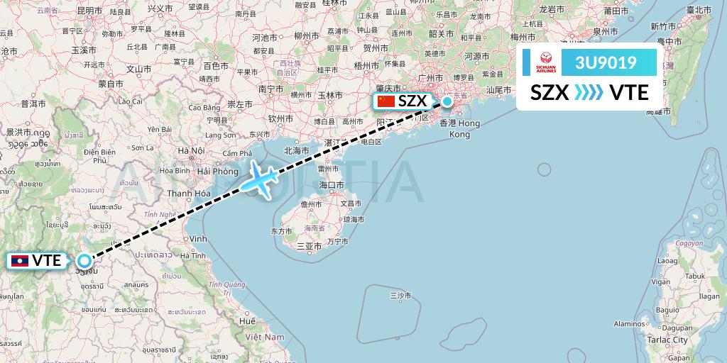 3U9019 Sichuan Airlines Flight Map: Shenzhen to Vientiane