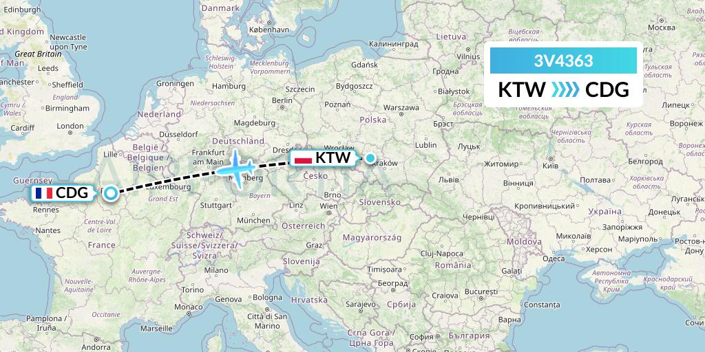 3V4363 ASL Airlines Belgium Flight Map: Katowice to Paris