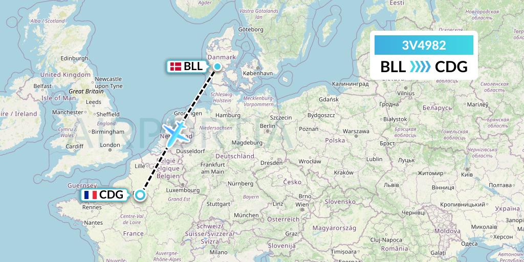 3V4982 ASL Airlines Belgium Flight Map: Billund to Paris