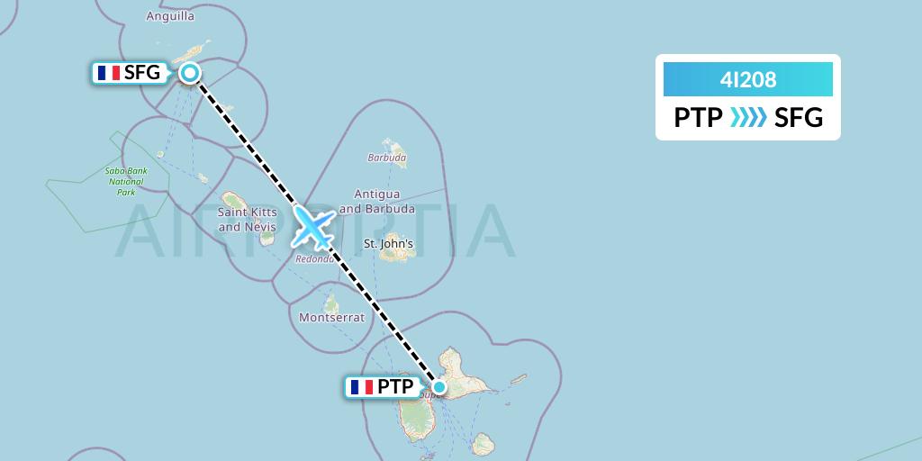4I208 Izair Flight Map: Pointe-a-Pitre to Sint Maarten