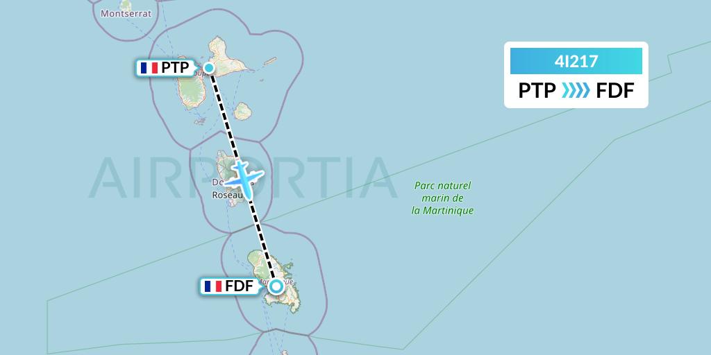 4I217 Izair Flight Map: Pointe-a-Pitre to Fort-de-France