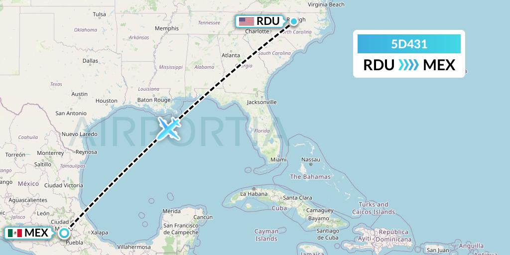 5D431 Aeromexico Connect Flight Map: Raleigh-Durham to Mexico City