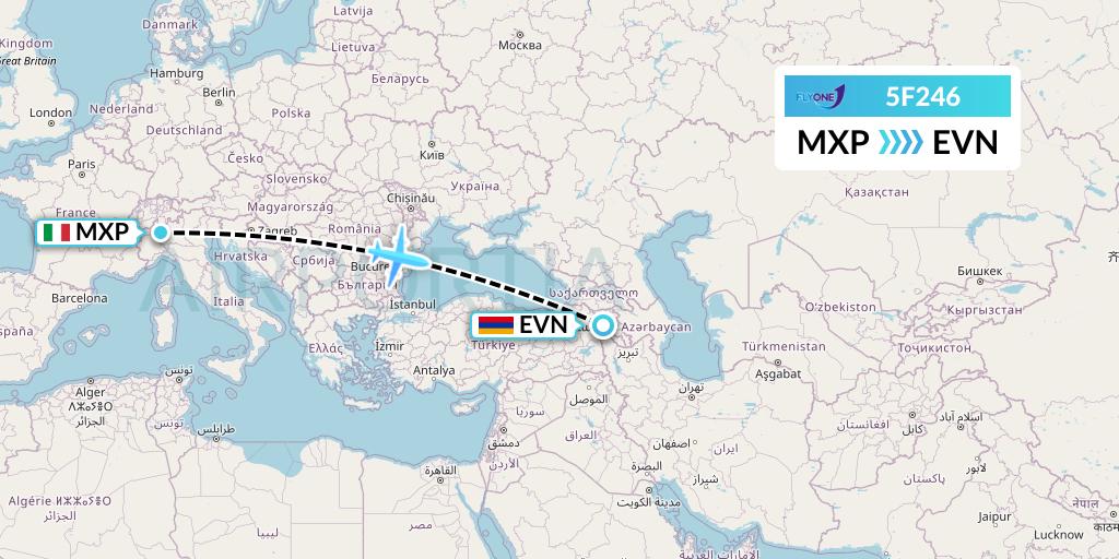 5F246 Fly One Flight Map: Milan to Yerevan