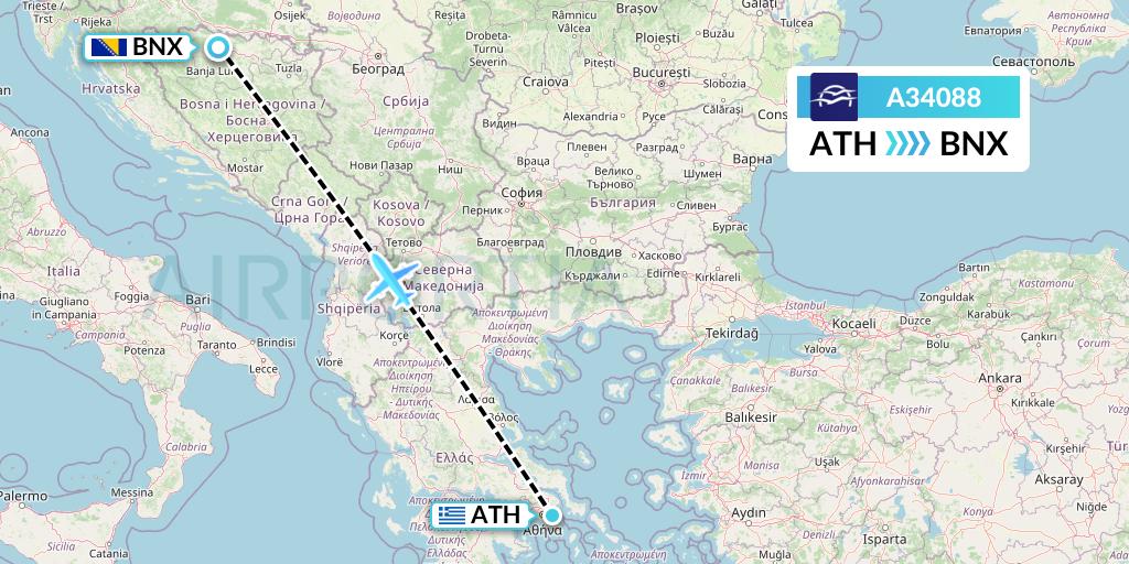 A34088 Aegean Airlines Flight Map: Athens to Banja Luka