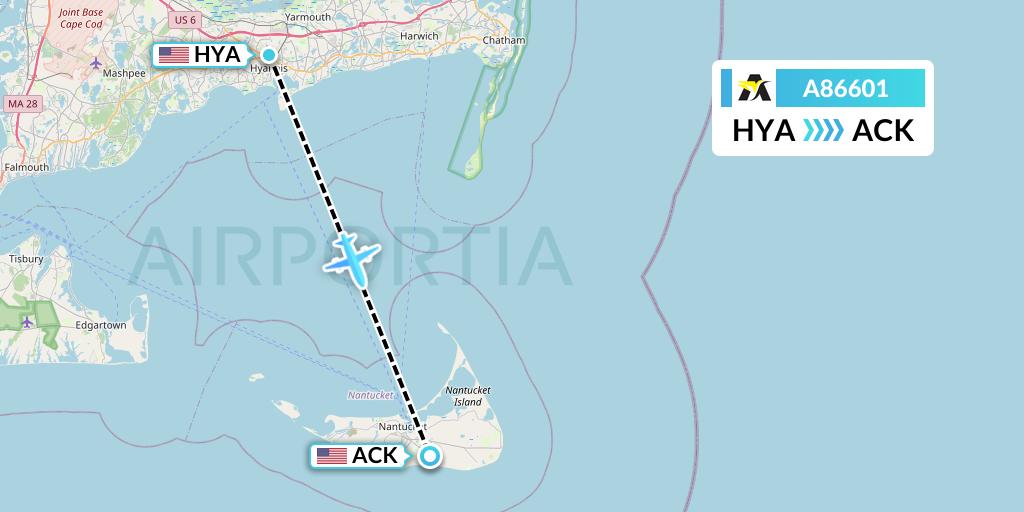 A86601 Aerolink Uganda Flight Map: Hyannis to Nantucket