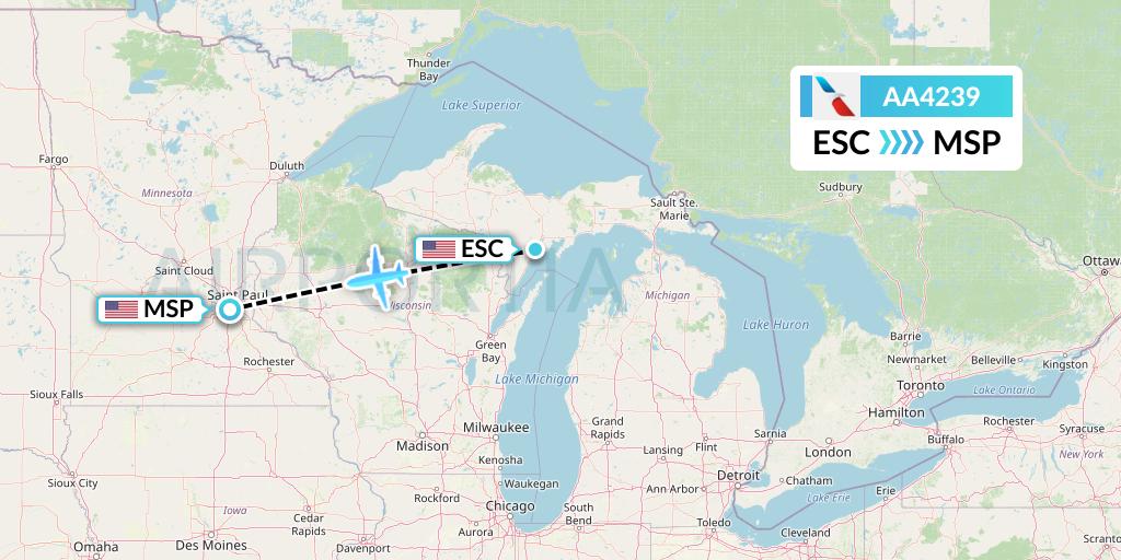 AA4239 American Airlines Flight Map: Escanaba to Minneapolis