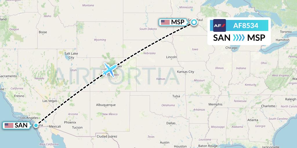 AF8534 Air France Flight Map: San Diego to Minneapolis