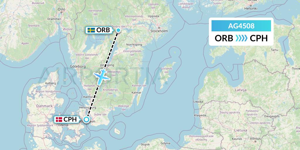 AG4508 Aruba Airlines Flight Map: Orebro to Copenhagen