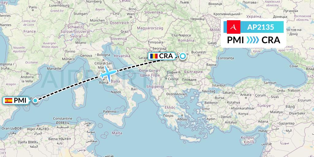 AP2135 AlbaStar Flight Map: Palma de Mallorca to Craiova