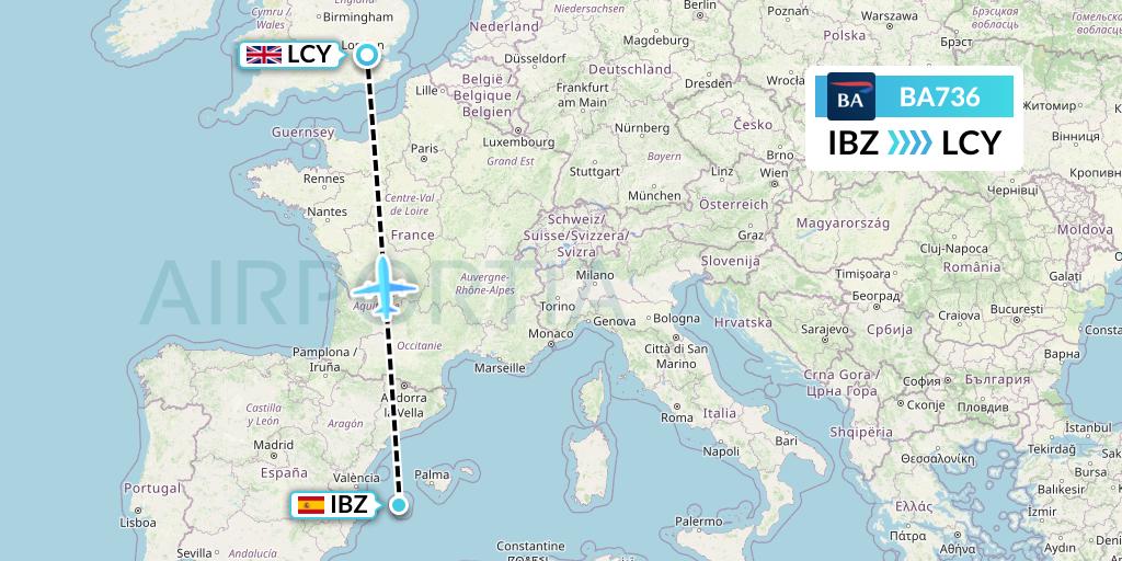 BA736 British Airways Flight Map: Ibiza to London