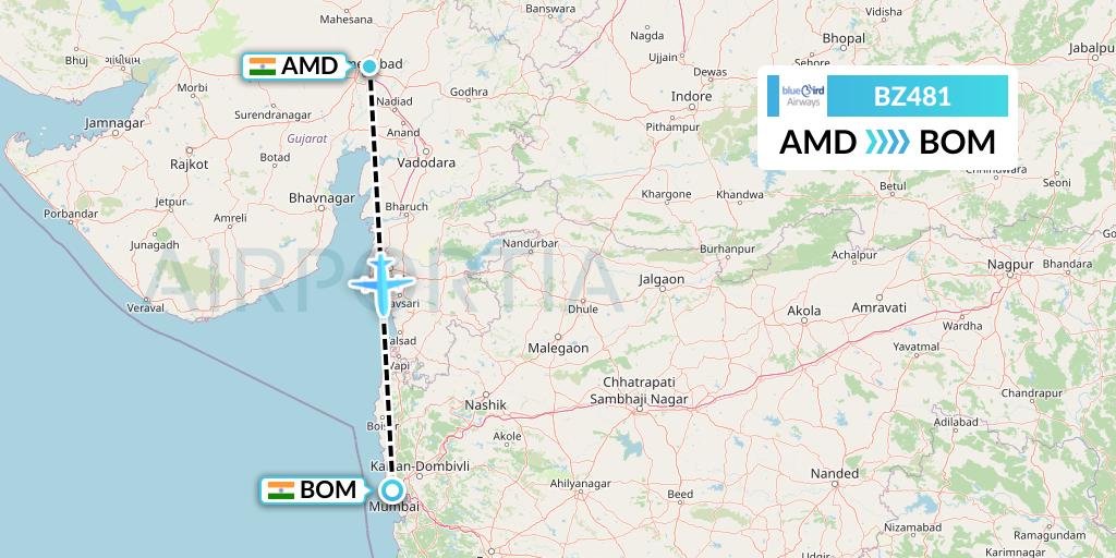 BZ481 Bluebird Airways Flight Map: Ahmedabad to Mumbai
