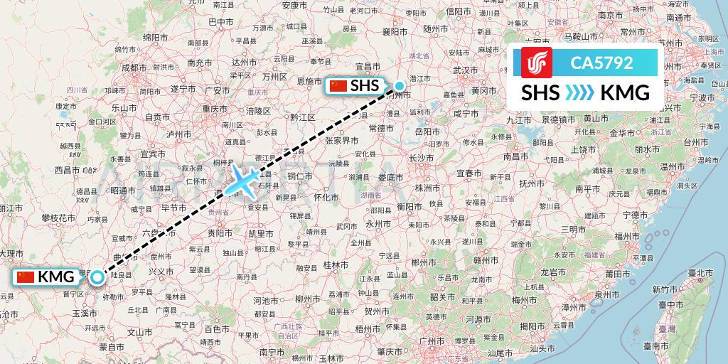 CA5792 Air China Flight Map: Shashi to Kunming