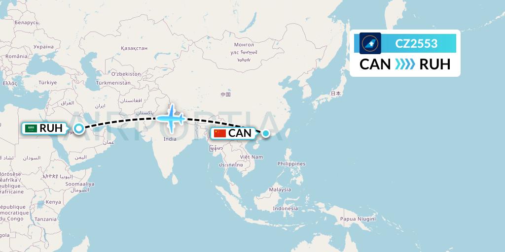 CZ2553 China Southern Airlines Flight Map: Guangzhou to Riyadh