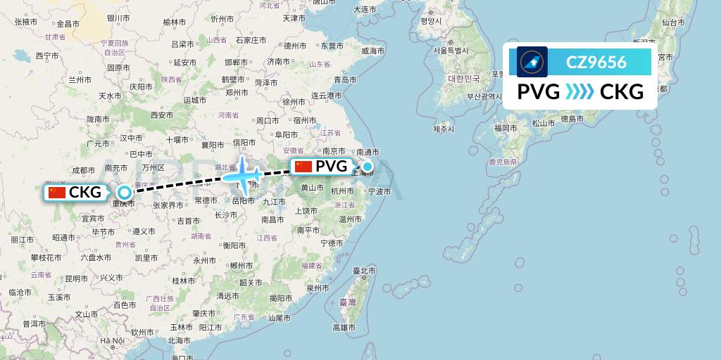 CZ9656 China Southern Airlines Flight Map: Shanghai to Chongqing