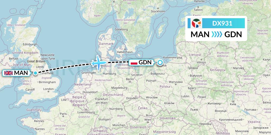 DX931 Danish Air Transport Flight Map: Manchester to Gdansk